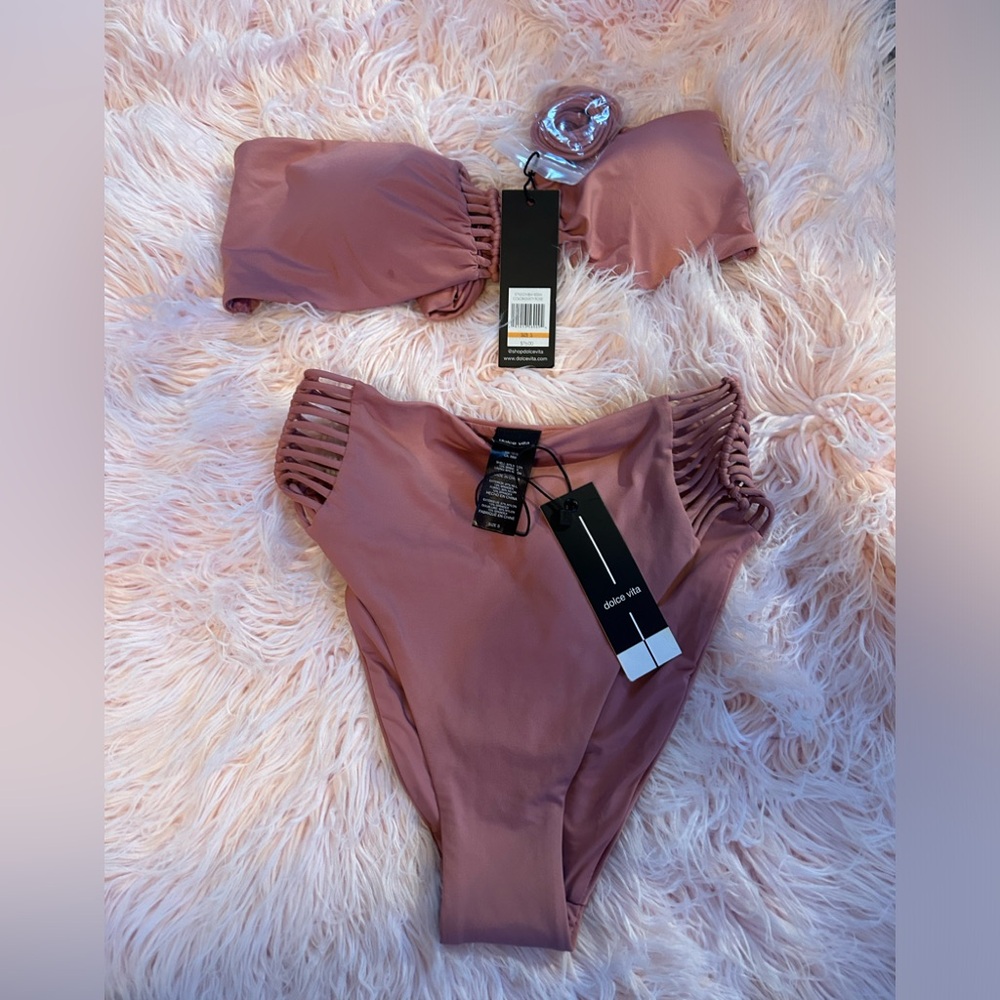 Dolce Vita Bone Lace Caged Macrame Bikini Set NWT Dusty Rose Sz SMALL